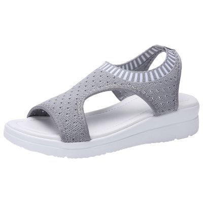 oiangi Knitted Wedge Sandals for Women Fashion Fish Mouth Open Toe Hollow Mesh Breathable Slip-on Platform Sport Sandals Summer Stretchy Comfy Walking Shoes Grey