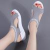 oiangi Knitted Wedge Sandals for Women Fashion Fish Mouth Open Toe Hollow Mesh Breathable Slip-on Platform Sport Sandals Summer Stretchy Comfy Walking Shoes Grey view 3