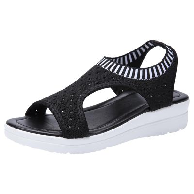 oiangi Knitted Wedge Sandals for Women Fashion Fish Mouth Open Toe Hollow Mesh Breathable Slip-on Platform Sport Sandals Summer Stretchy Comfy Walking Shoes Black