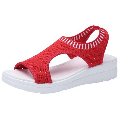 oiangi Knitted Wedge Sandals for Women Fashion Fish Mouth Open Toe Hollow Mesh Breathable Slip-on Platform Sport Sandals Summer Stretchy Comfy Walking Shoes Red