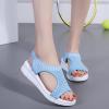 oiangi Knitted Wedge Sandals for Women Fashion Fish Mouth Open Toe Hollow Mesh Breathable Slip-on Platform Sport Sandals Summer Stretchy Comfy Walking Shoes Blue view 2