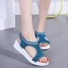 oiangi Knitted Wedge Sandals for Women Fashion Fish Mouth Open Toe Hollow Mesh Breathable Slip-on Platform Sport Sandals Summer Stretchy Comfy Walking Shoes Dark Blue view 2