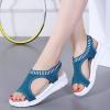 oiangi Knitted Wedge Sandals for Women Fashion Fish Mouth Open Toe Hollow Mesh Breathable Slip-on Platform Sport Sandals Summer Stretchy Comfy Walking Shoes Dark Blue view 3