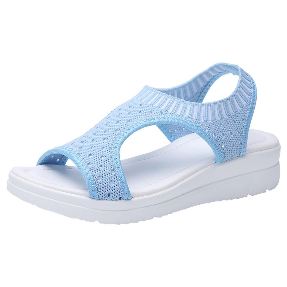 oiangi Knitted Wedge Sandals for Women Fashion Fish Mouth Open Toe Hollow Mesh Breathable Slip-on Platform Sport Sandals Summer Stretchy Comfy Walking Shoes Blue