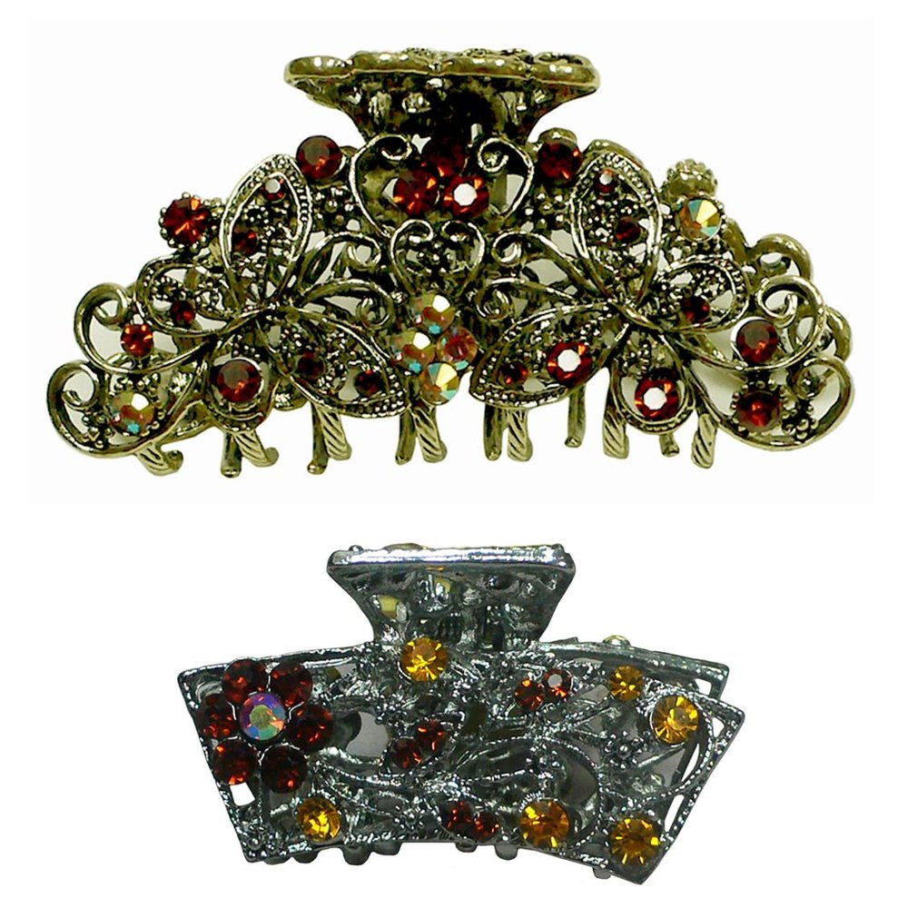 Set of 2 JCGY Jaw Clips Metal Hair Claws Antique Gold Plating RW86410-6132-2topAmber