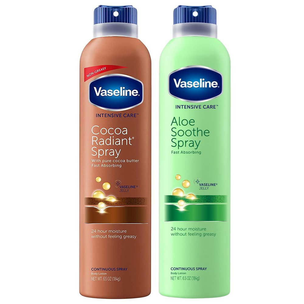 Vaseline Cocoa Radiant Spray + Aloe Soothe Spray Variety 2-Pack  Non-Greasy, Fast-Absorbing All-Over Moisturizer for Dry Skin, 6.5 Oz Ea
