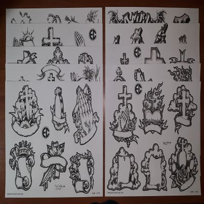 Black And Gray Religious Tattoo Flash 10 Sheets W/Lines, 11x14 Praying Hands, Sacred Heart, Memorial, Crosses, ECT. MONEY MAKERS