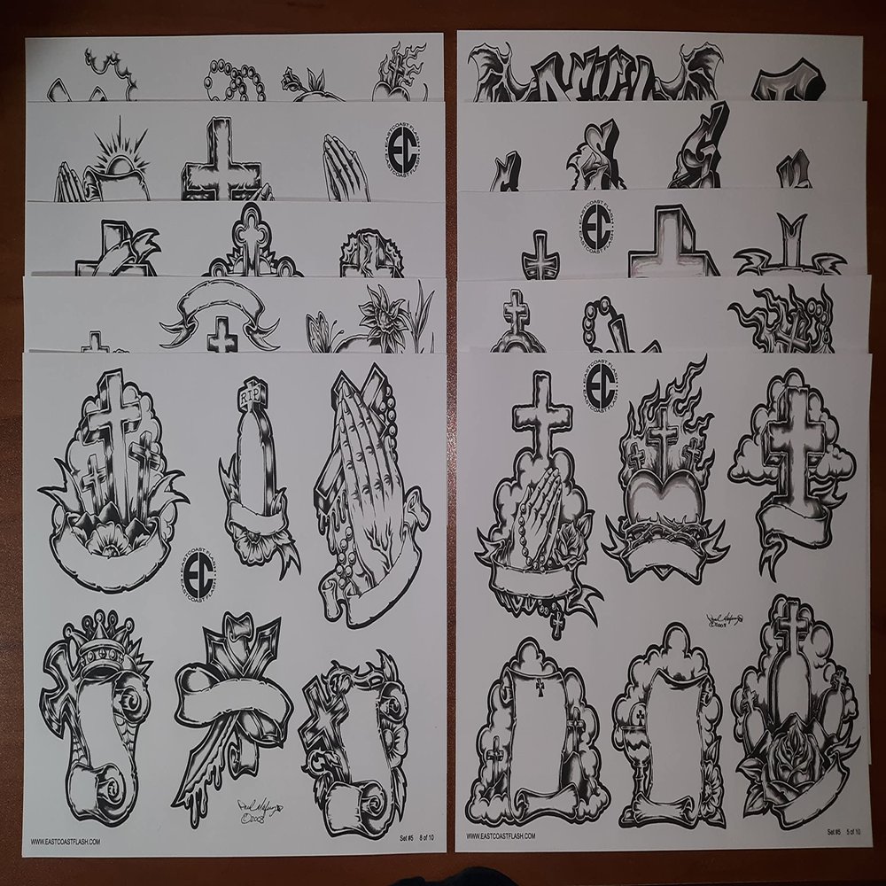 Black And Gray Religious Tattoo Flash 10 Sheets W/Lines, 11x14 Praying Hands, Sacred Heart, Memorial, Crosses, ECT. MONEY MAKERS