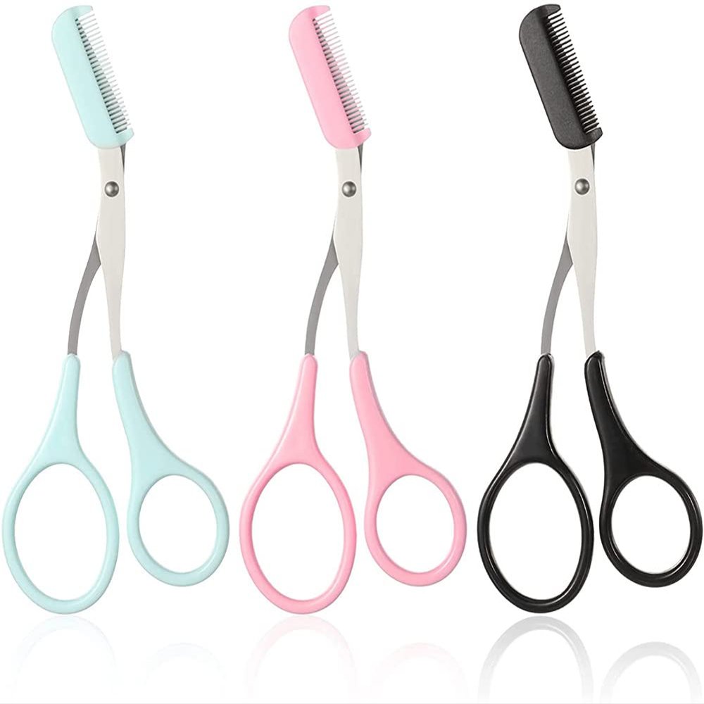 AKOAK 3 Pcs Eyebrow Clipper, Stainless Steel Brow Trimmer with Comb, Professional Beauty Trimmer for Shaping Male and Female Eyebrows (Black, Pink, Blue)