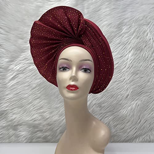 Already Made Auto Nigerian Aso Oke With Beads&Stones Women Turban Head Wrap African Gele Headties 2022 Quality Beaded Fabric Femme Headgear Sewing Fashion Head Tie For Party (Burgundy)