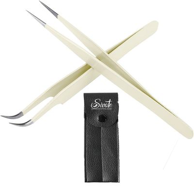 SIVOTE Lash Tweezers for Eyelash Extensions, Hand Calibrated Straight & Curved Tip, Pack of 2, Vanilla