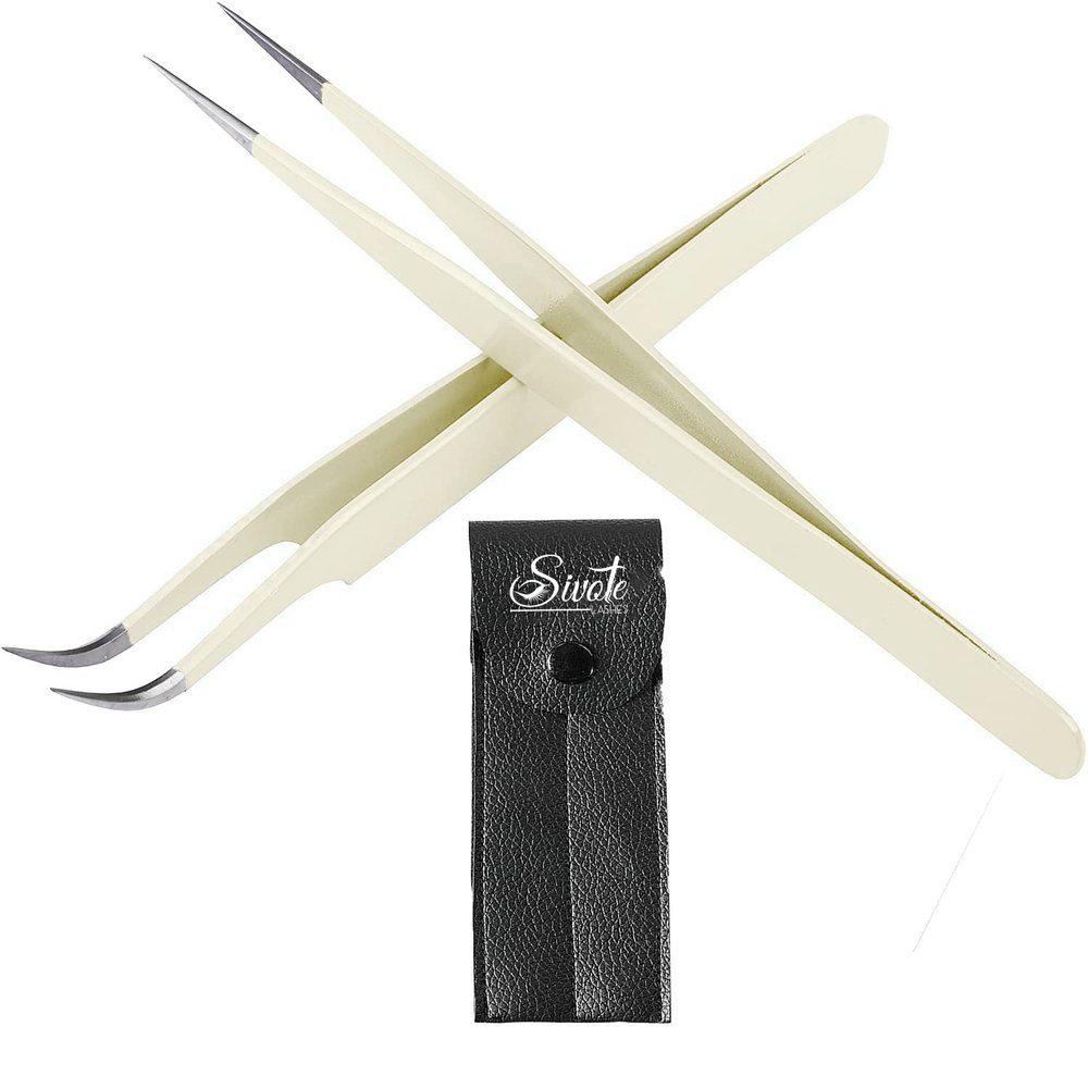 SIVOTE Lash Tweezers for Eyelash Extensions, Hand Calibrated Straight & Curved Tip, Pack of 2, Vanilla