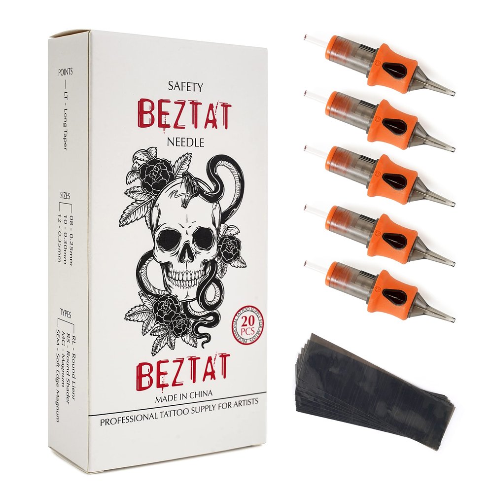 BEZTAT Ultra Premium Professional Tattoo Needles Cartridge w/Grip & Machine Covers Sleeves #12 Traditional Round Liner 20 Pack (1209RL Traditional)