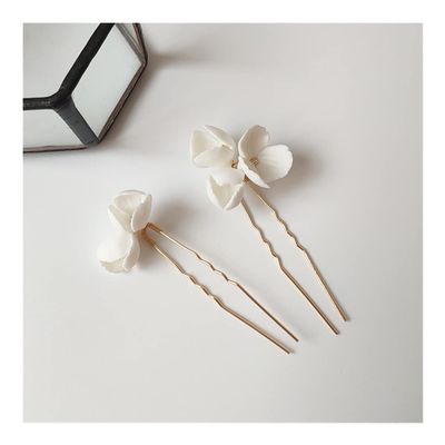 BJQZX Crown Bridal Elegant Hair Accessories White Ceramic Flower Hair Comb Pins Earring Wedding Party Headpiece Jewelry (Metal Color : AC183-2pcs Gold)