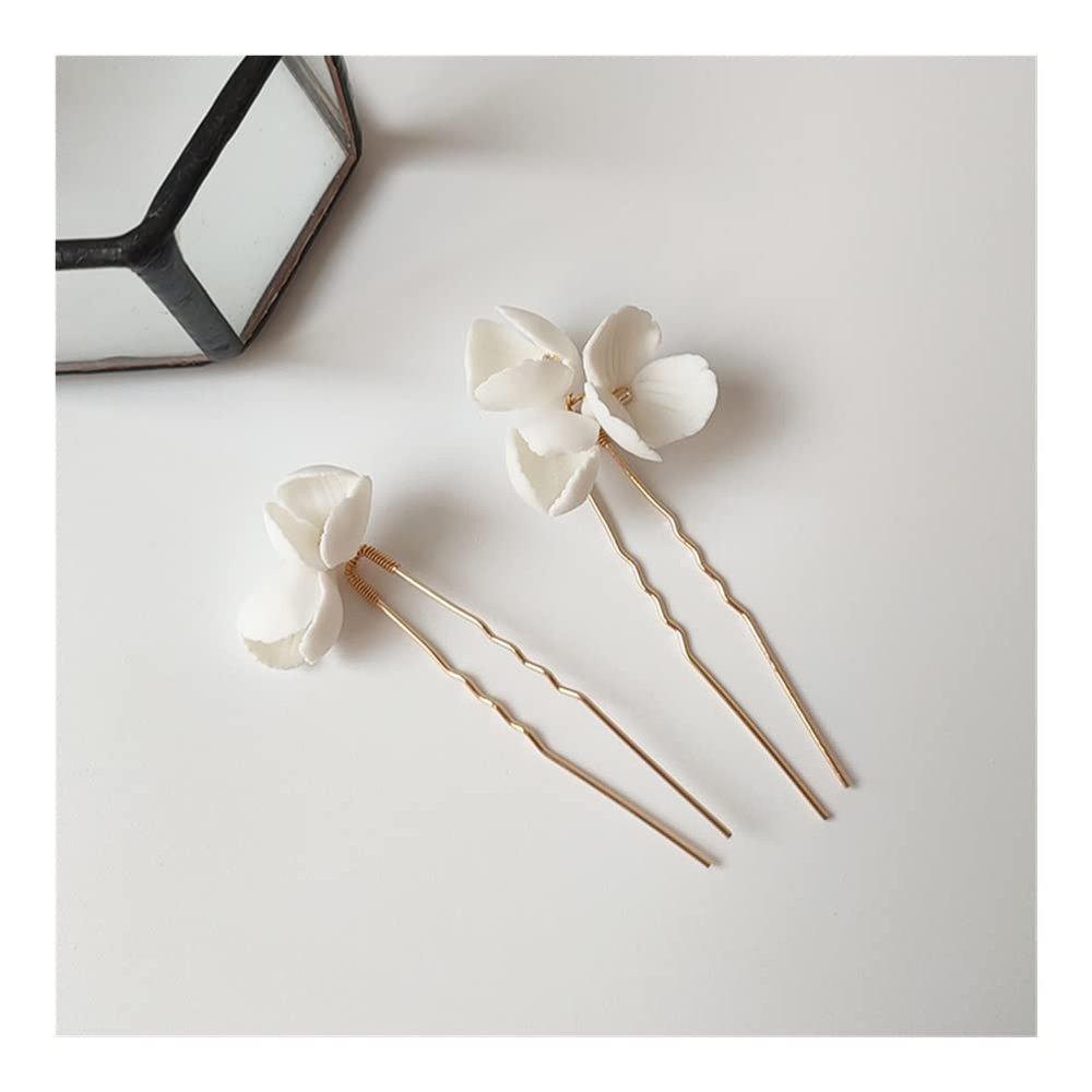 BJQZX Crown Bridal Elegant Hair Accessories White Ceramic Flower Hair Comb Pins Earring Wedding Party Headpiece Jewelry (Metal Color : AC183-2pcs Gold)