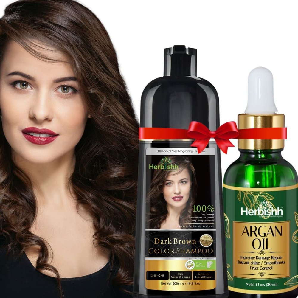 Herbishh Hair Dye Color Shampoo, 500ml Dark Brown, Argan Oil for Hair 30ml - Strengthening Combo for Frizz Control & Damage Repair