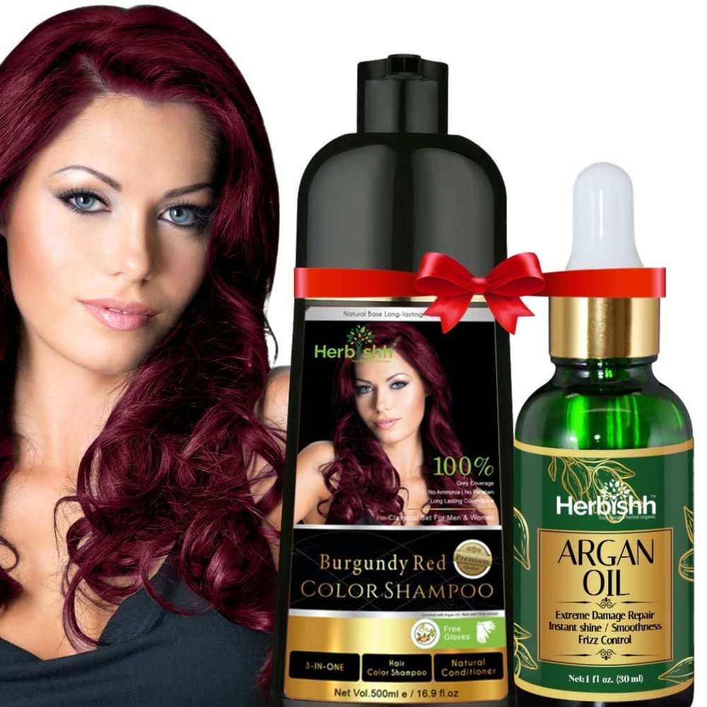 Herbishh Hair Strengthening Combo: Color Shampoo Dye 500ml Burgundy + Argan Oil Conditioner for Frizz Control, Damage Repair & Deep Conditioning - 30ml