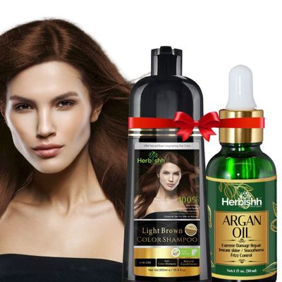 Herbishh Hair Strengthening Combo: Light Brown Color Shampoo (500ml), Deep Conditioning Argan Oil for Frizz Control and Repair (30ml)
