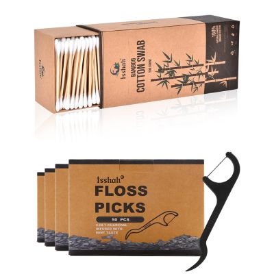 Bamboo Cotton Swabs 500 Count with Charcoal Natural Dental Floss Picks 200 Count