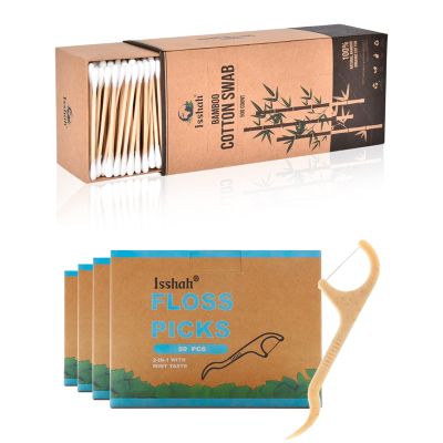 Bamboo Cotton Swabs 500 Count with Natural Dental Floss Picks 200 Count