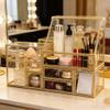 Hersoo Luxury Stackable Glass Cosmetic Organizer 3-Piece Set-Durable,Premium Shatterproof Vanity Storage,Artisan-Design for High-End Bathroom&Makeup Counter Decor(gold) view 1
