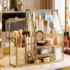 Hersoo Luxury Stackable Glass Cosmetic Organizer 3-Piece Set-Durable,Premium Shatterproof Vanity Storage,Artisan-Design for High-End Bathroom&Makeup Counter Decor(gold) view 3