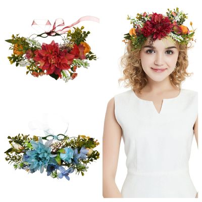 2 Pieces Bohemian Flower Headband Hair Wreath Crowns Hairhead for Beach Hawaii Floral Garland Romantic Wedding Festival Party (Red+Blue)