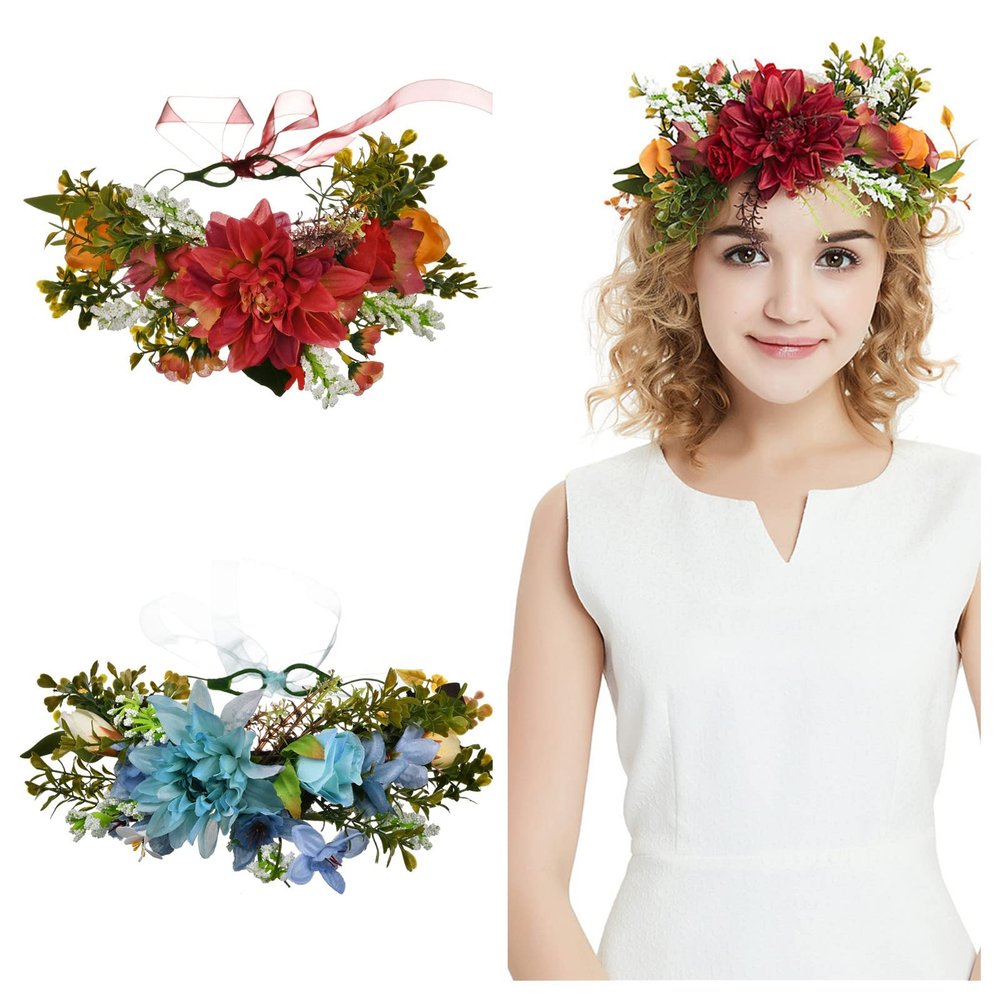 2 Pieces Bohemian Flower Headband Hair Wreath Crowns Hairhead for Beach Hawaii Floral Garland Romantic Wedding Festival Party (Red+Blue)