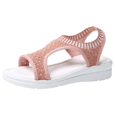 oiangi Knitted Wedge Sandals for Women Fashion Fish Mouth Open Toe Hollow Mesh Breathable Slip-on Platform Sport Sandals Summer Stretchy Comfy Walking Shoes Rose Gold