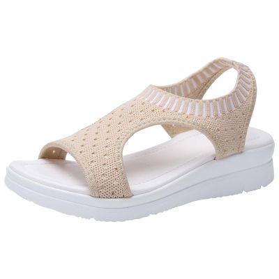 oiangi Knitted Wedge Sandals for Women Fashion Fish Mouth Open Toe Hollow Mesh Breathable Slip-on Platform Sport Sandals Summer Stretchy Comfy Walking Shoes Beige