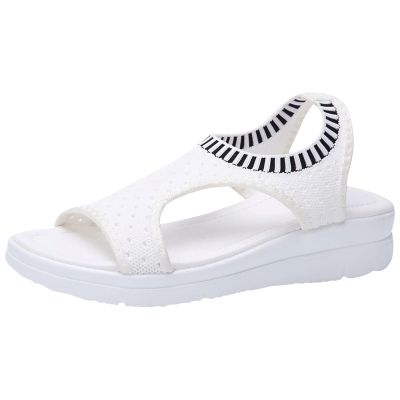 oiangi Knitted Wedge Sandals for Women Fashion Fish Mouth Open Toe Hollow Mesh Breathable Slip-on Platform Sport Sandals Summer Stretchy Comfy Walking Shoes White