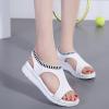 oiangi Knitted Wedge Sandals for Women Fashion Fish Mouth Open Toe Hollow Mesh Breathable Slip-on Platform Sport Sandals Summer Stretchy Comfy Walking Shoes White view 2