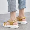 oiangi Knitted Wedge Sandals for Women Fashion Fish Mouth Open Toe Hollow Mesh Breathable Slip-on Platform Sport Sandals Summer Stretchy Comfy Walking Shoes Gold view 3