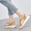 oiangi Knitted Wedge Sandals for Women Fashion Fish Mouth Open Toe Hollow Mesh Breathable Slip-on Platform Sport Sandals Summer Stretchy Comfy Walking Shoes Gold view 4