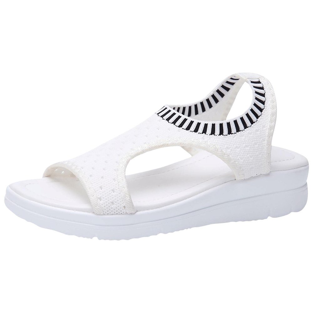 oiangi Knitted Wedge Sandals for Women Fashion Fish Mouth Open Toe Hollow Mesh Breathable Slip-on Platform Sport Sandals Summer Stretchy Comfy Walking Shoes White