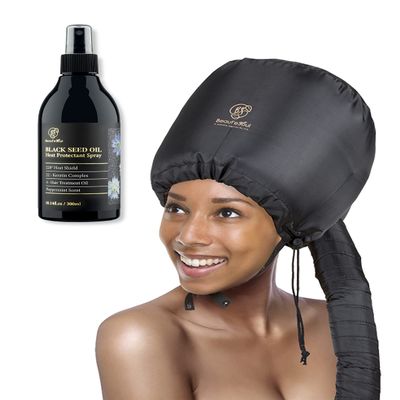 BEAUT'E SEOUL Hooded Hair Dryer Attachment | Heat Protectant Spray Set - Soft Adjustable Large hooded bonnet & Keratin Hair Treatment Leave in Conditioner Spray 10oz