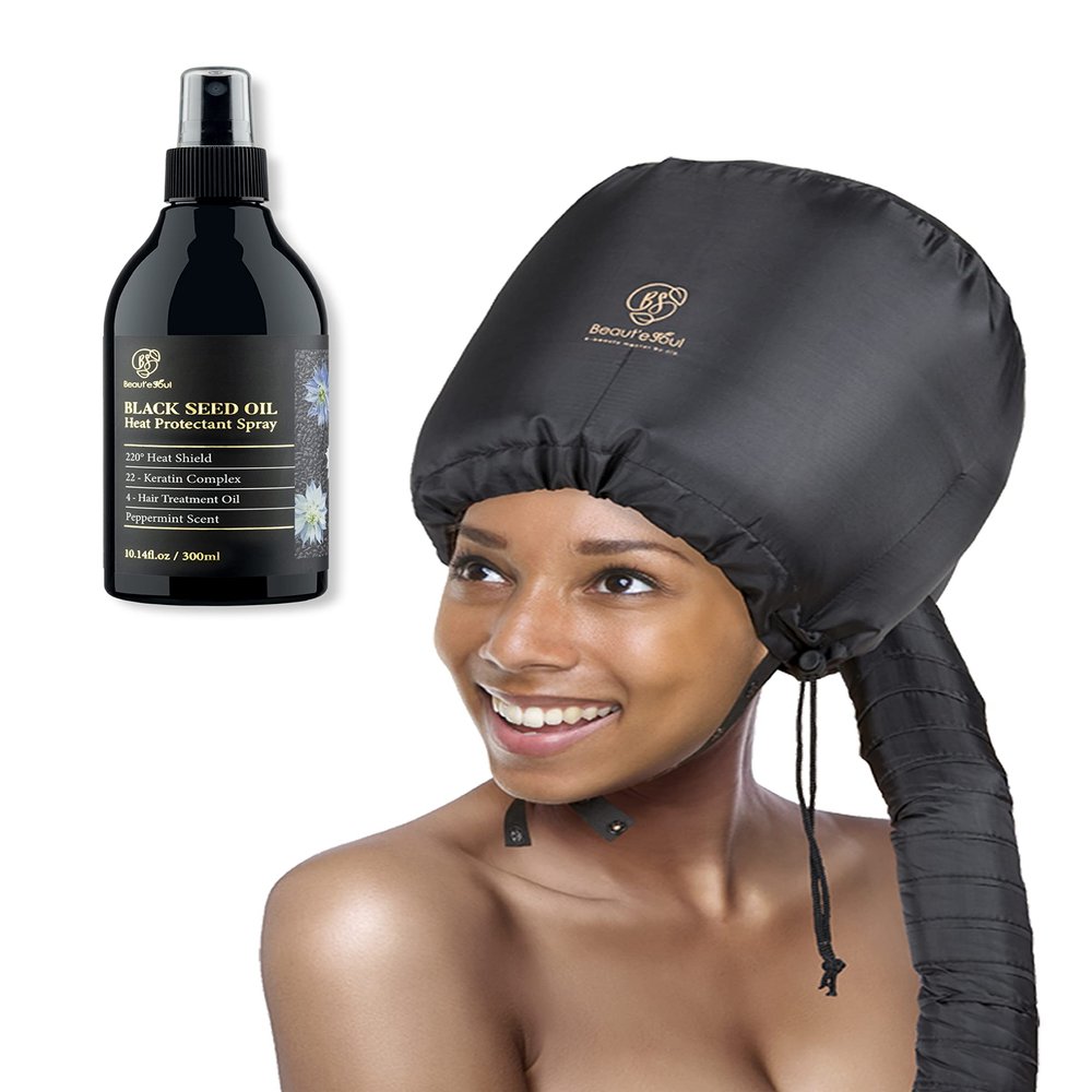 BEAUT'E SEOUL Hooded Hair Dryer Attachment | Heat Protectant Spray Set - Soft Adjustable Large hooded bonnet & Keratin Hair Treatment Leave in Conditioner Spray 10oz