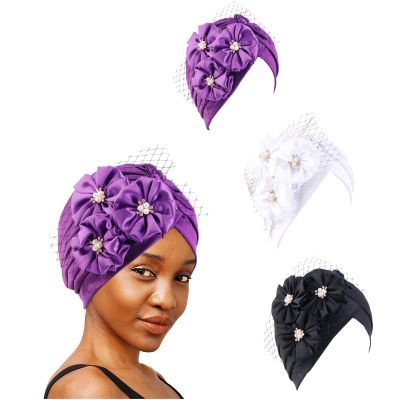 3 Pieces Satin Ruffle Headwrap Big Flower Pearl Turban Wrap Headscarf for Muslim Hijab Wedding Bride Head Cover
