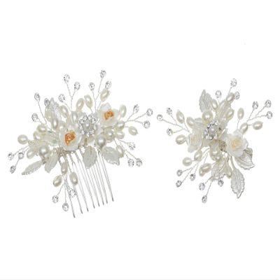 SAMKY 2x Handmade Shell White Pearl Crystal Flower Hair Comb Clips - Silver T1324