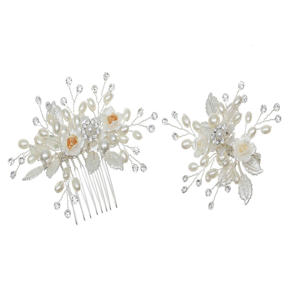 SAMKY 2x Handmade Shell White Pearl Crystal Flower Hair Comb Clips - Silver T1324