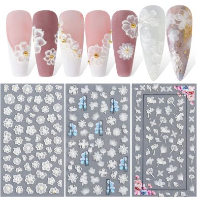 Ncana 3 Sheet Flower Nail Art Sticker Decals,5D Self-Adhesive Hollow Pattern Nail Art Supplies White Feather Lace Flower Leaf,Nail Art D