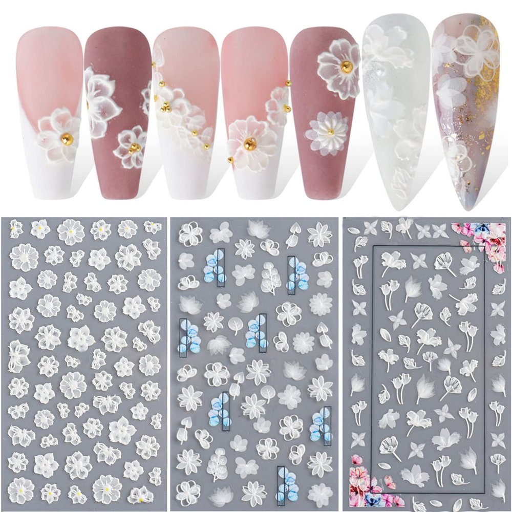 Ncana 3 Sheet Flower Nail Art Sticker Decals,5D Self-Adhesive Hollow Pattern Nail Art Supplies White Feather Lace Flower Leaf,Nail Art D