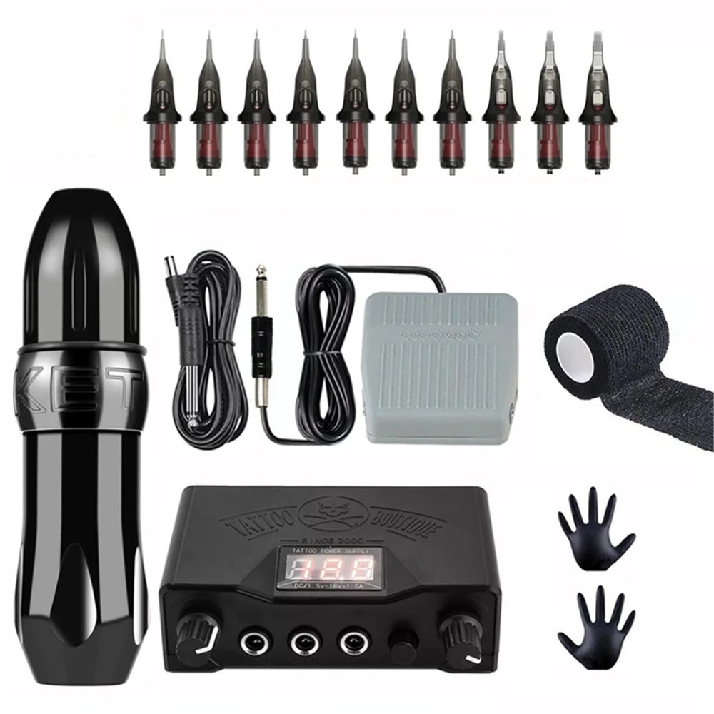 Tattoo Machine Kit Rotary Tattoo Machine Pen Set Permanent Makeup Cartridge Needle Eyebrow Body Artist for Beginners Supplies,Black set