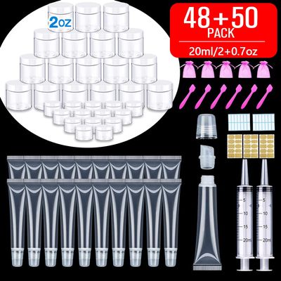 AMORIX 50PCS 20ml Lip Gloss Tubes + 2oz Plastic Jars Round Cosmetic Containers with White Lids