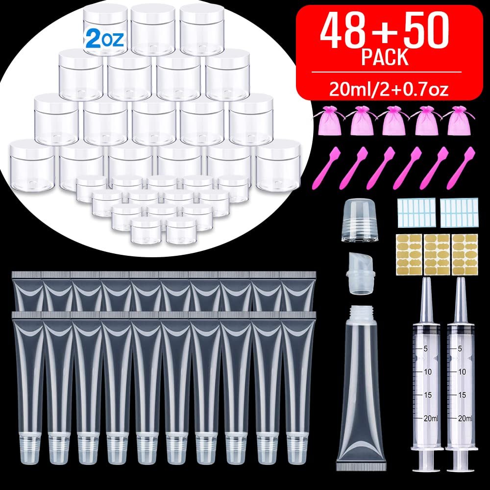AMORIX 50PCS 20ml Lip Gloss Tubes + 2oz Plastic Jars Round Cosmetic Containers with White Lids