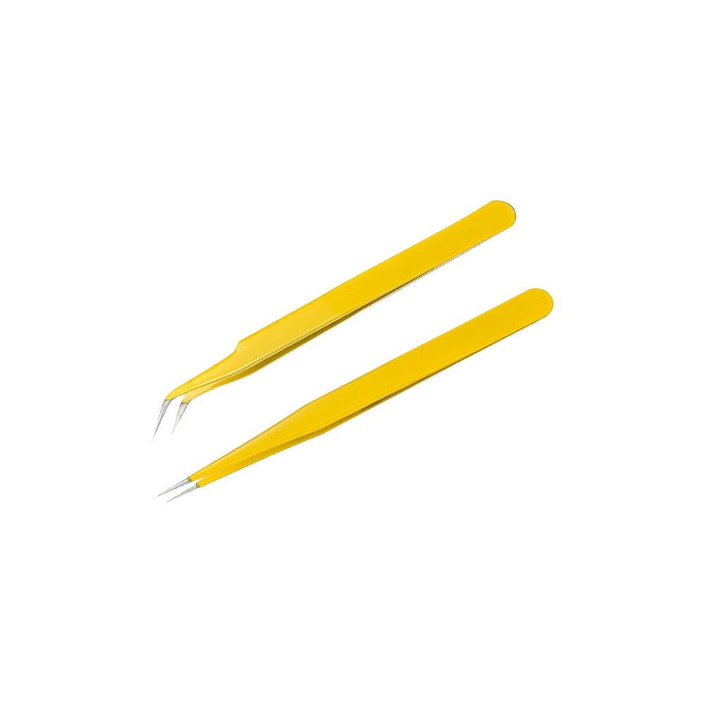 MAXLEAF 2pcs Stainless Tweezers Straight Curved Tweezers for Stickers Eyelash Extensions Precision Electronics Nail Rhinestone Jewelry, Scrapbooking Tools (Yellow)