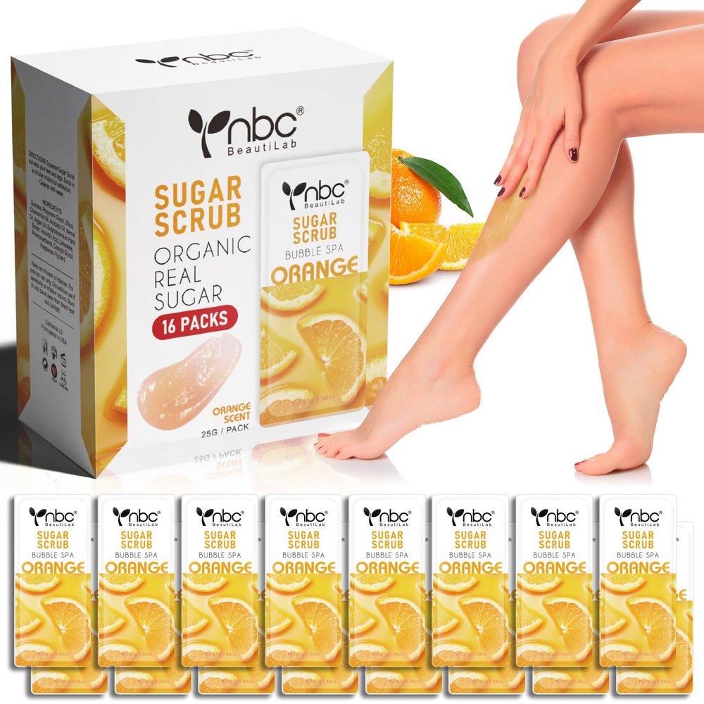 nbc BeautiLab Foot Exfoliating, Sugar Scrub, Dead Skin Remover for Feet, Individually Packaged Foot Scrub Smooths, Hydrates, Detoxifies Tired and Dry Cracked Feet 16 Packs per Box,Orange scent