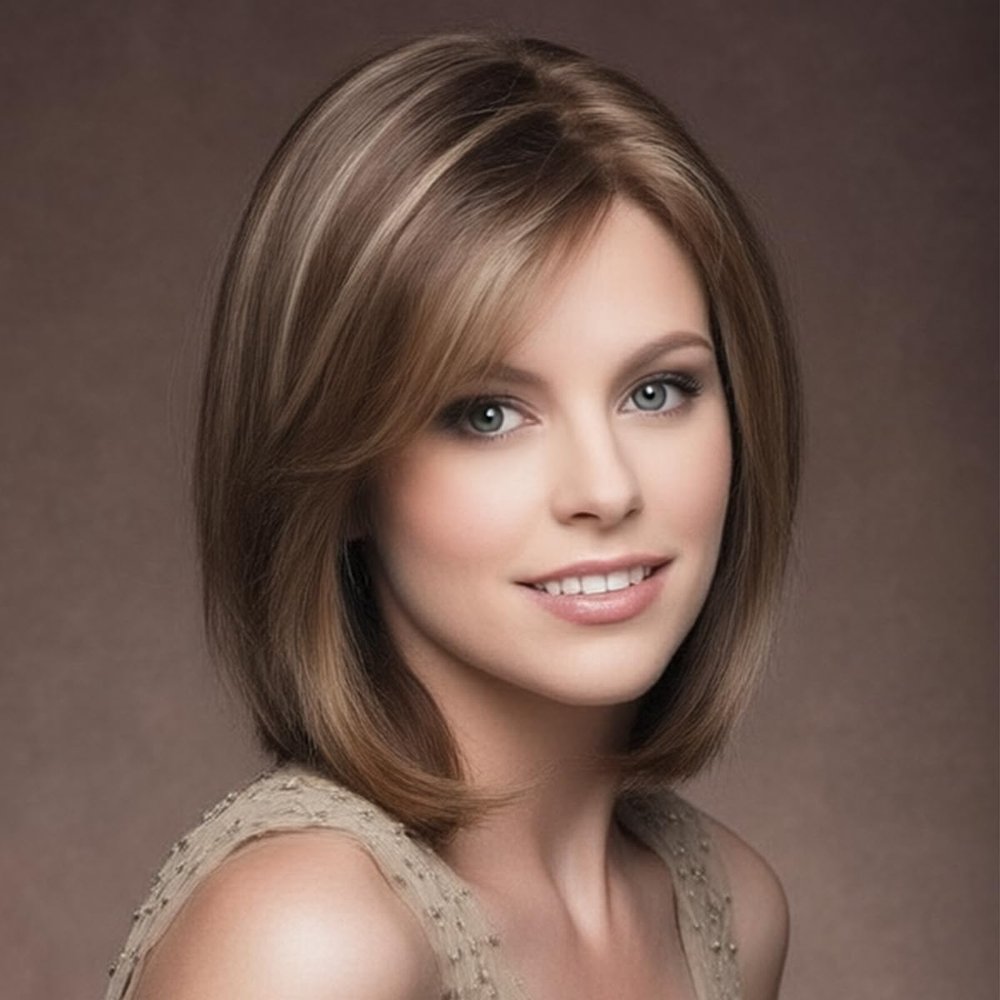 SEVENCOLORS Short Brown Mixed Blonde Bob Wigs for White Women Shoulder Length Synthetic Hair Wigs with Side Bangs Straight Blonde Highlights Womens Wig