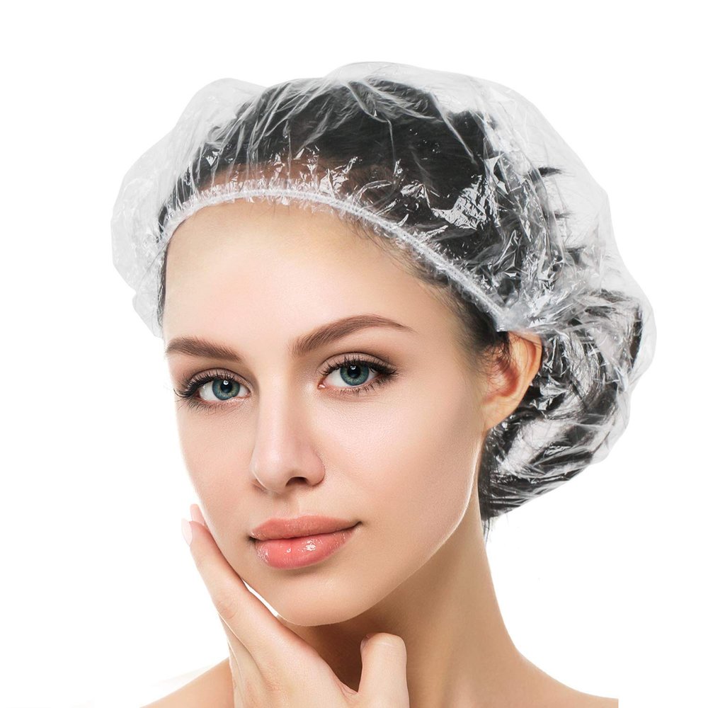 Auban 100PCS Disposable Shower Caps Independent Packing, Plastic Clear Hair Cap Large Thick Waterproof Bath Caps for Women, Travel Essentials Accessories (20.5")