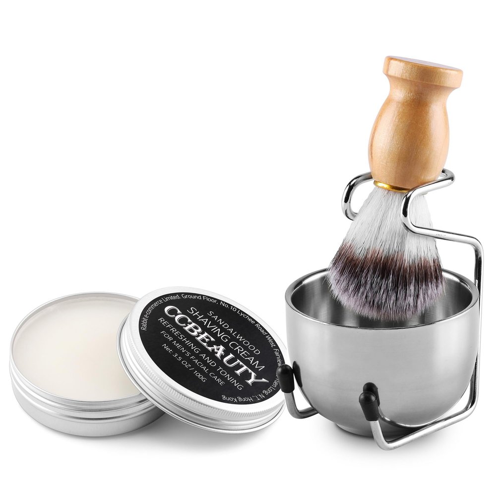 CCbeauty Mens Shaving Brush and Bowl Set, 4 in 1 Badger Shave Brushes Kit with Stainless Steel Bowl & Soap Mug, Safety Razor Stand, Birthday Boyfriend Dad Gifts Set for Men, Shaving Cream 3.5Oz
